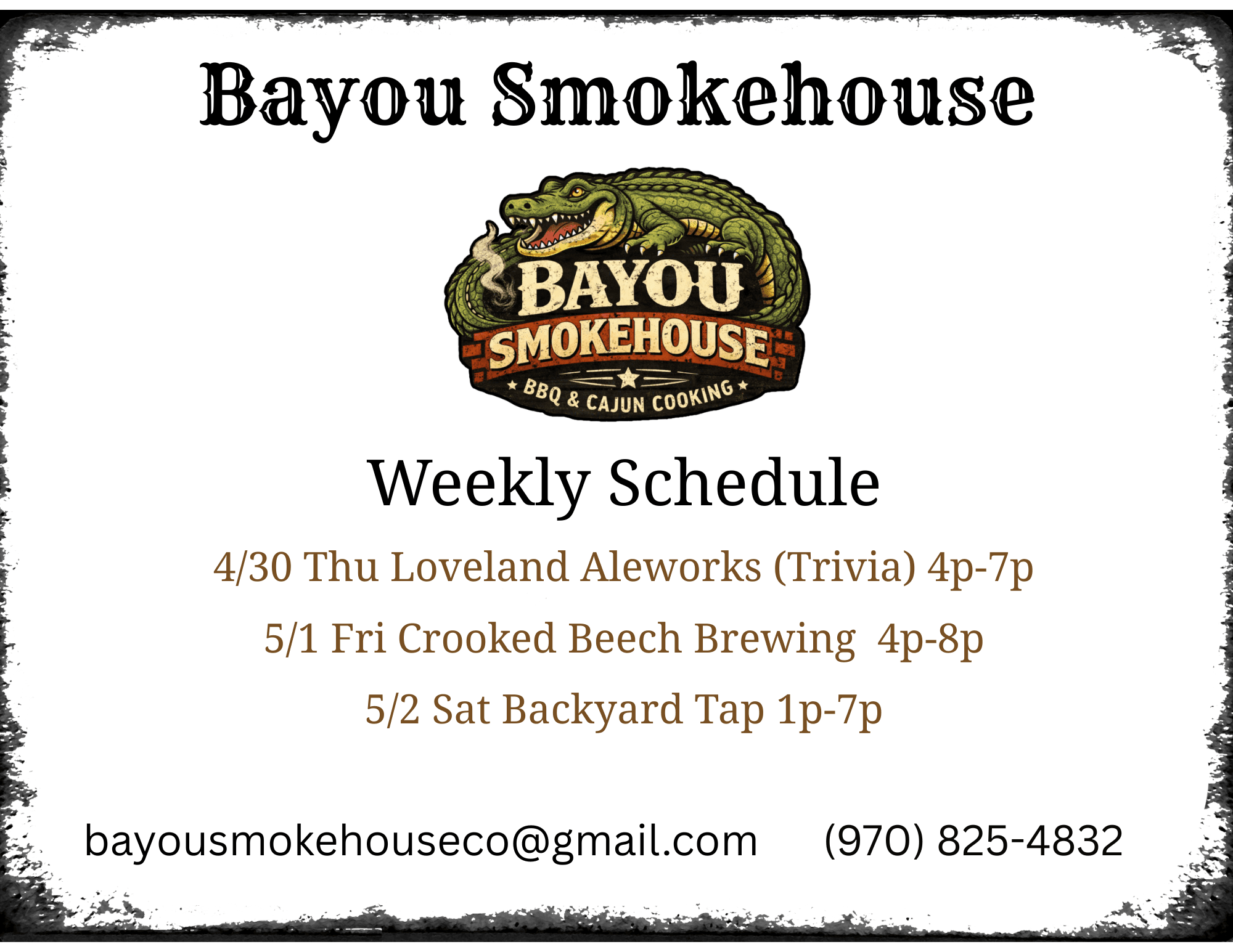 Bayou Smokehouse weekly pop-up schedule